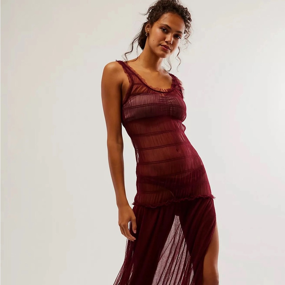 NEW Free People Smock About It Slip Tulle Sheer Maxi Dress Women's Burgundy
